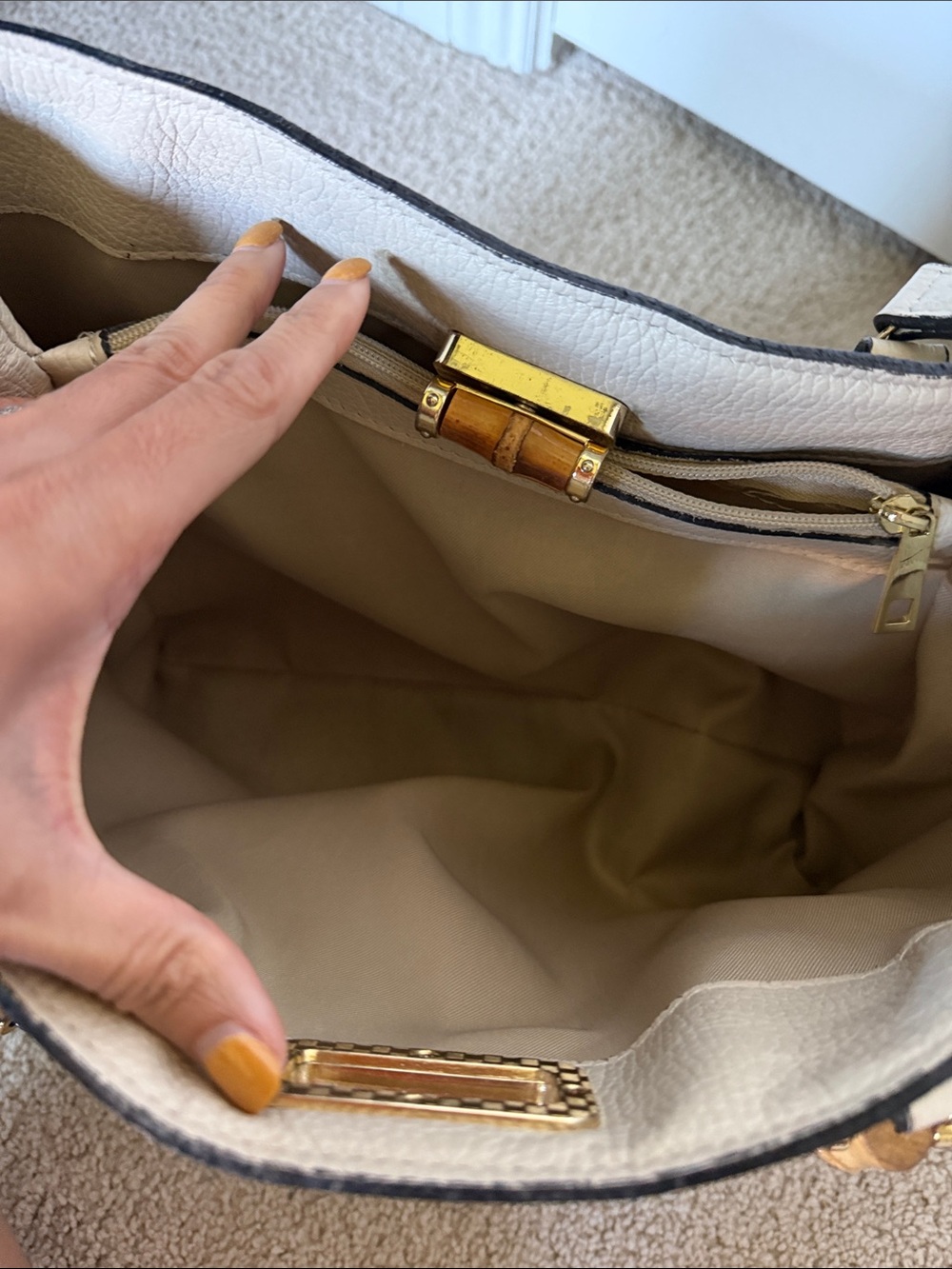 Cream Leather Tote with Bamboo Top Handles - Picture 3 of 8